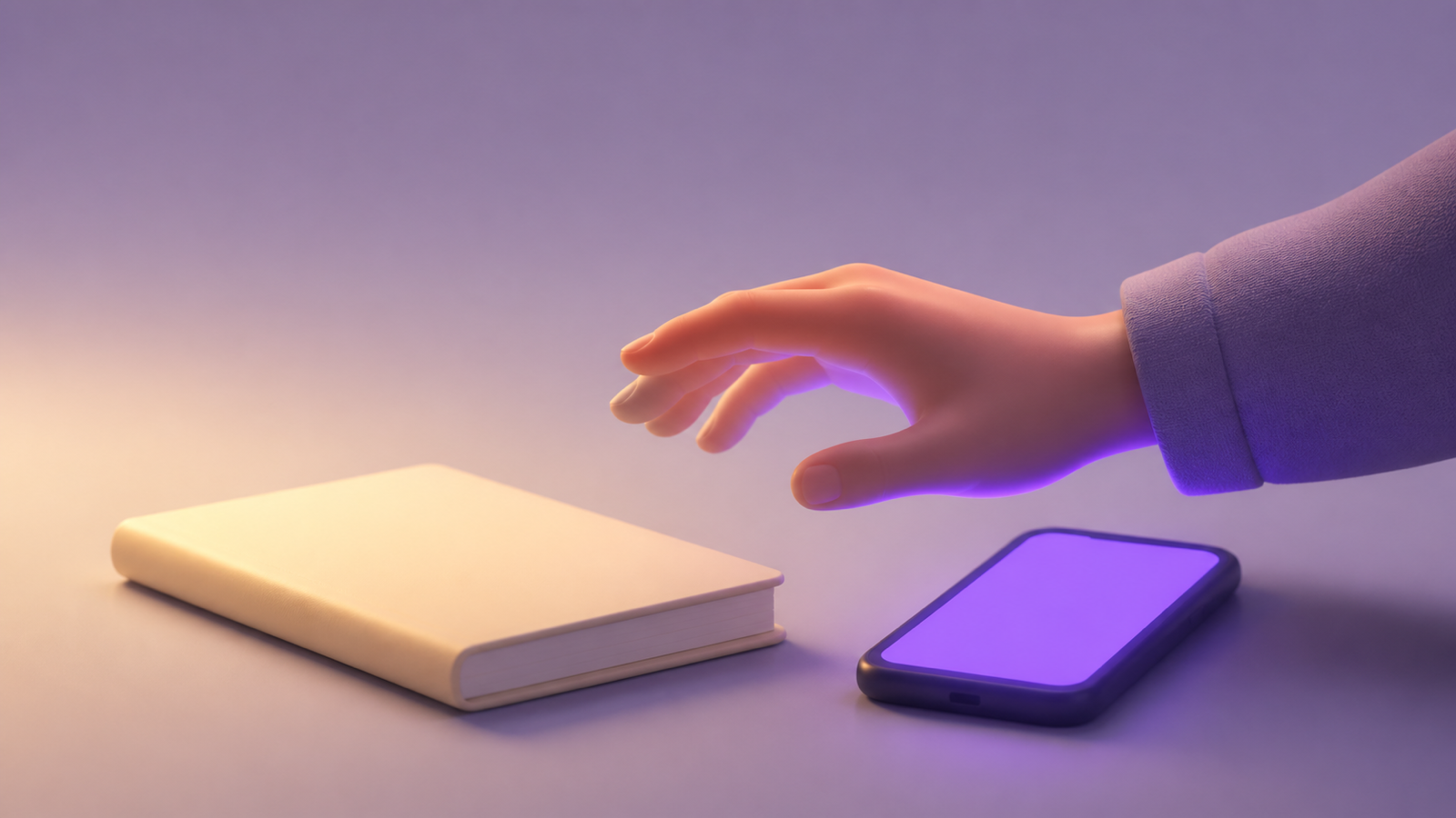 Ein ungeöffnetes Notizbuch auf dem Schreibtisch neben einem leuchtenden Telefon, eine Hand greift danach