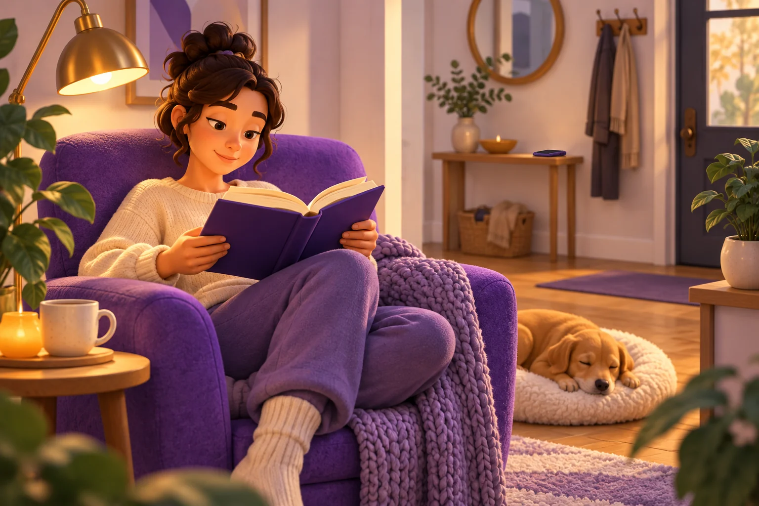 A reader sits with an open book while a phone rests on a distant shelf
