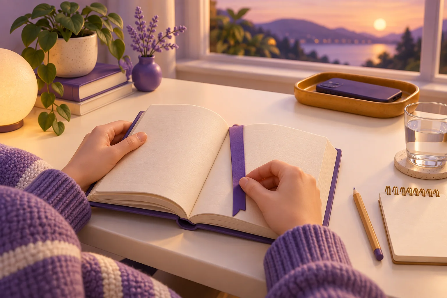 Hands open a book beside a bookmark while a phone lies face down in a tray