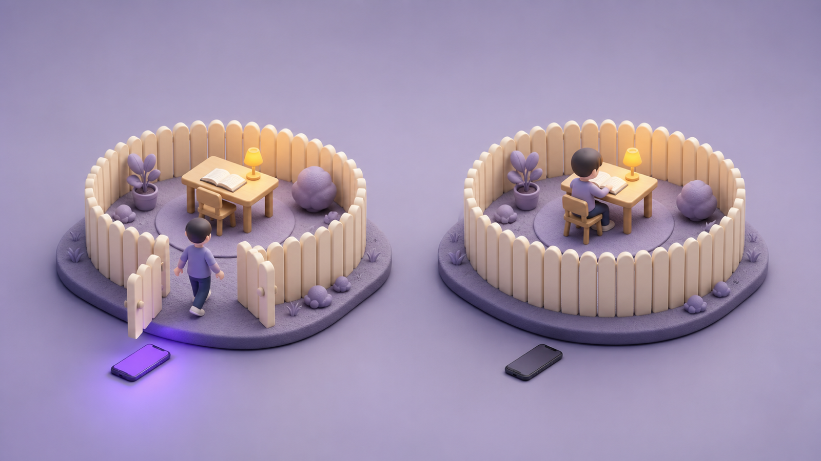 Two small gardens - one with an open gate and the person walking out, one with no gate at all and the person working