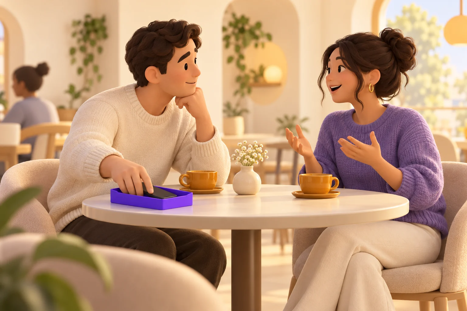 Two people talk in a café while a phone rests in a violet tray
