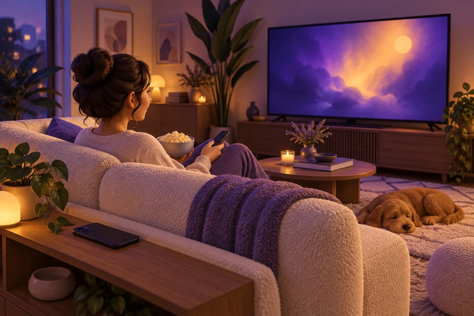 A person follows a film on one television while a phone rests behind the sofa