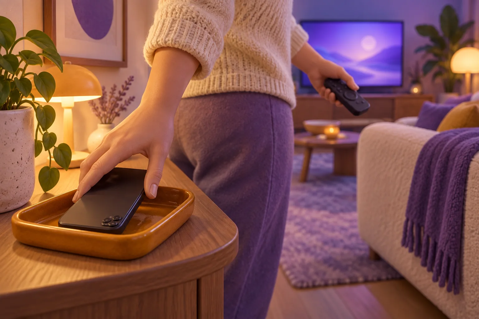 A hand places a phone face down in a tray before carrying a remote to the sofa
