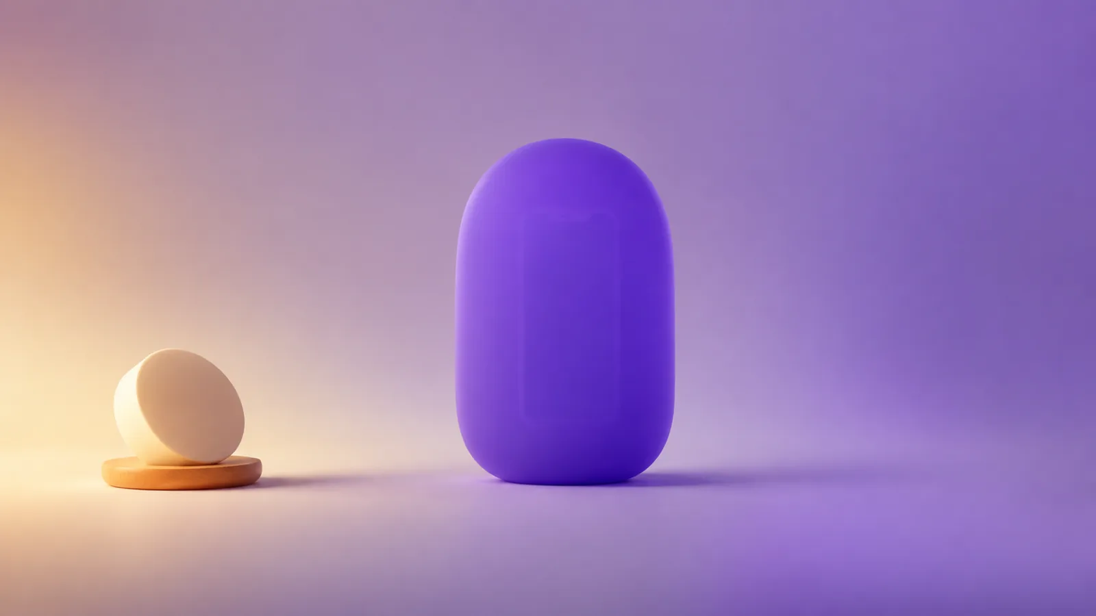A smooth violet shell enclosing a phone, with no handle and no seam; beside it a small amber dial, already turned, in warmer daylight