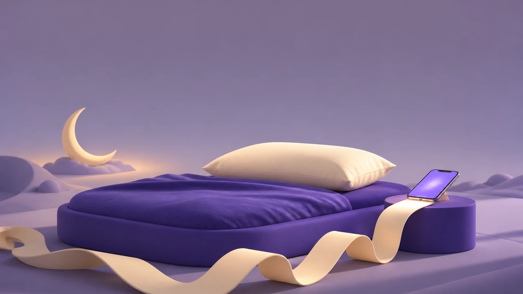 Uma fita creme se desenrola de um celular ao lado de uma cama violeta, representando a hora de dormir ficando para depois.