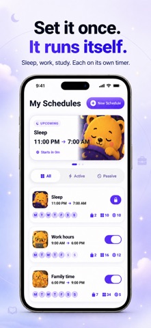 Pawlock My Schedules screen showing scheduled Sleep, Work hours and Family time programs.